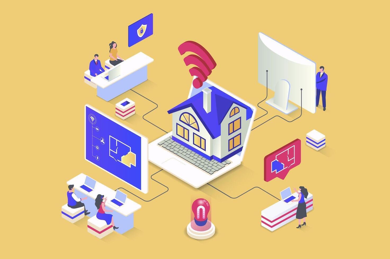 Smart home concept in 3d isometric design. Remote monitoring and control of security systems and other sensors in apartment or house. Vector illustration with isometry people scene for web graphic