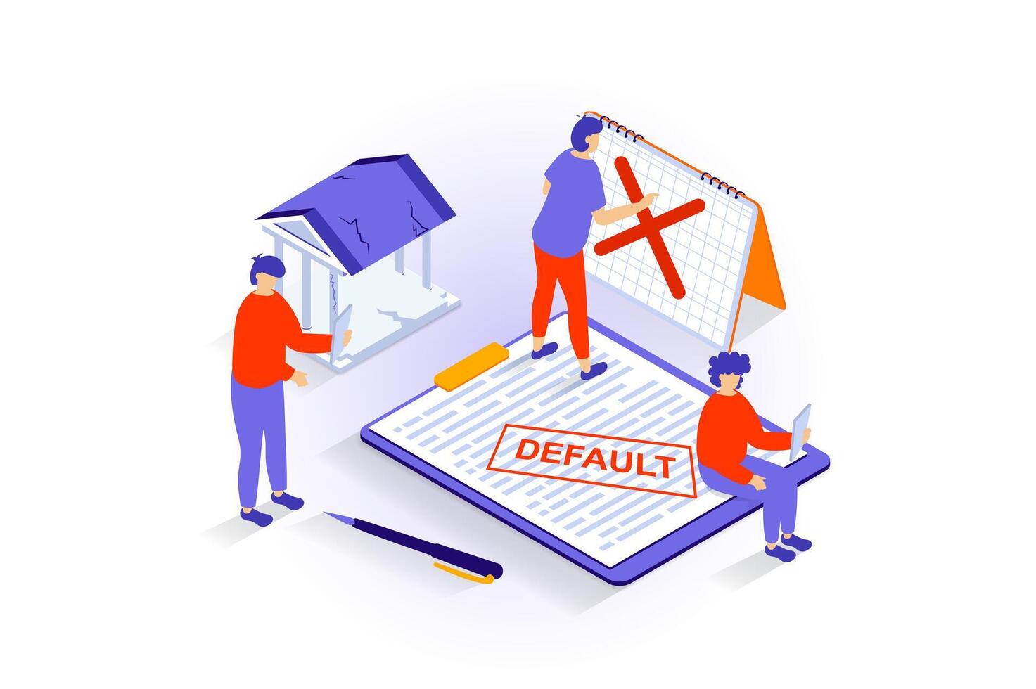 Unemployment and crisis concept in 3d isometric design. People have financial problems, lose business and jobs, get bankruptcy and default. Vector illustration with isometry scene for web graphic