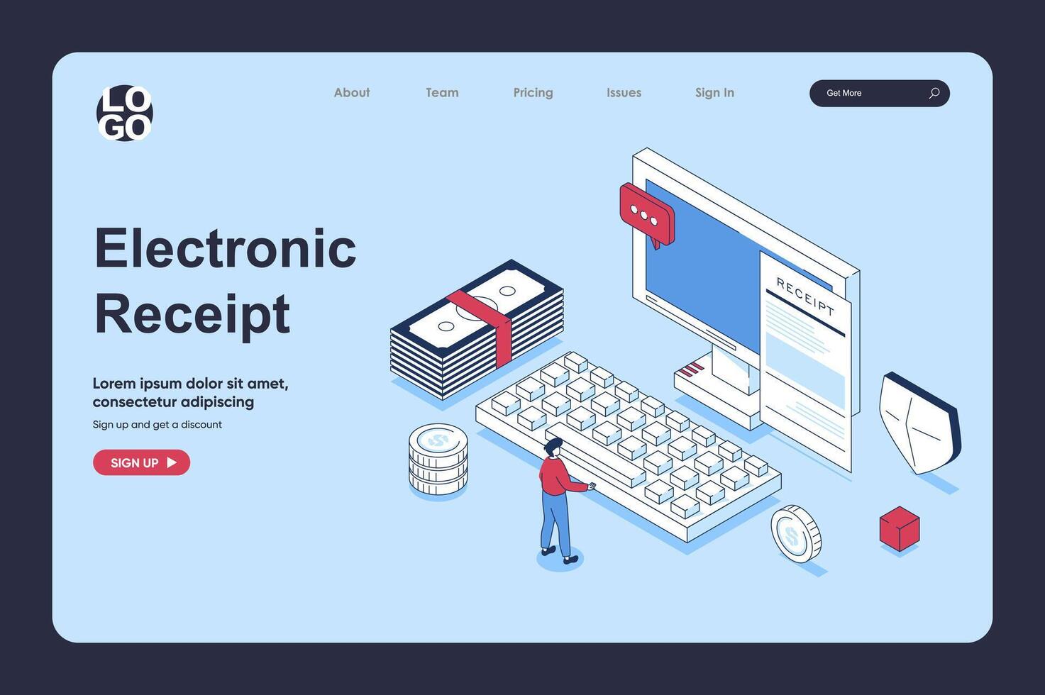 Electronic receipt concept in 3d isometric design for landing page template. People paying digital form of invoice or check, processing tax pay using online banking. Vector illustration for web