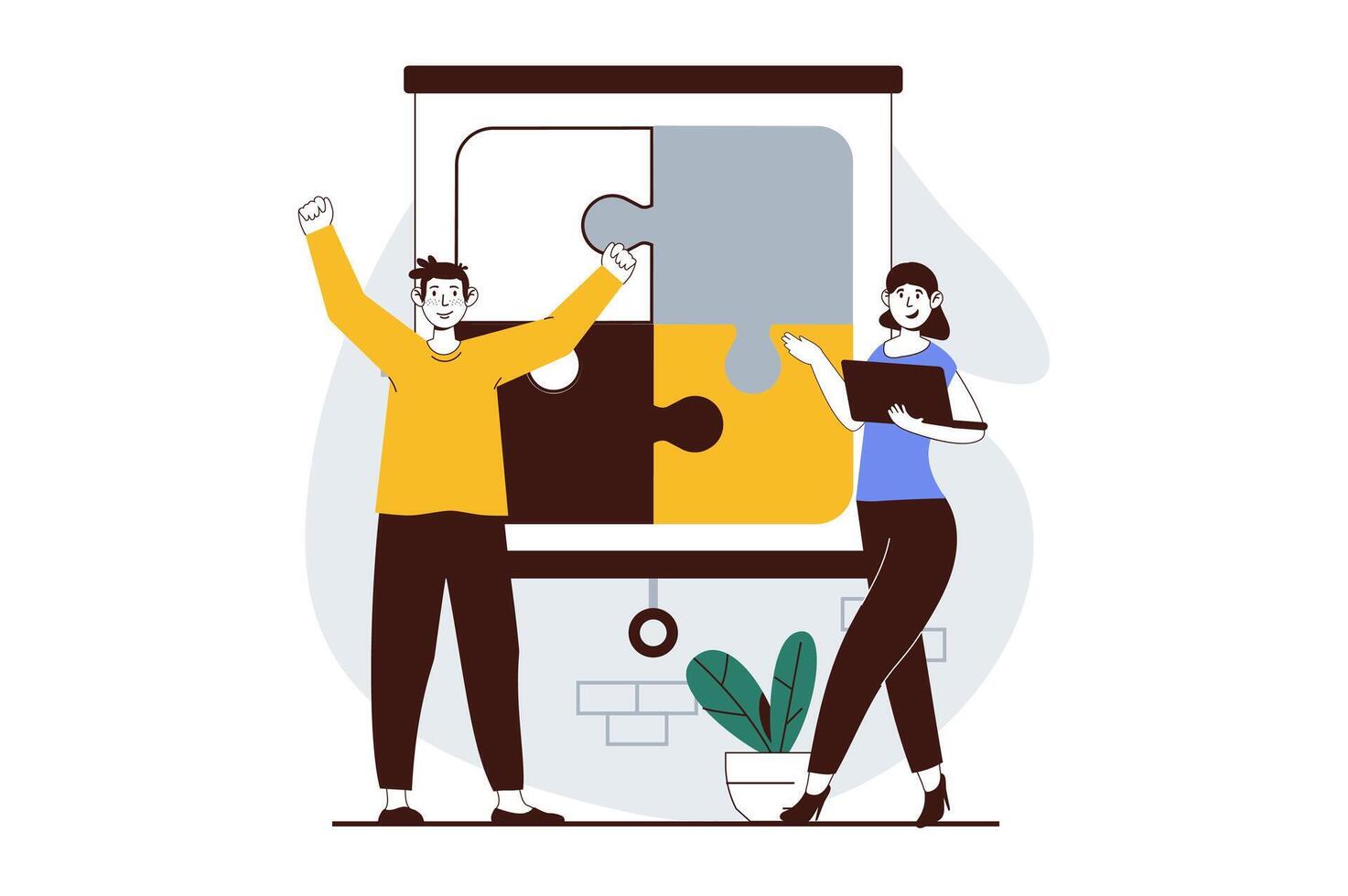 Teamwork concept with people scene in flat design for web. Woman and man collecting puzzle pieces, partnership and work collaboration. Vector illustration for social media banner, marketing material.