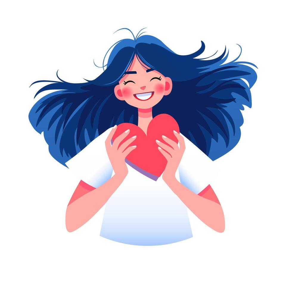 Sweet young woman on a white background with a huge heart in her hands. vector