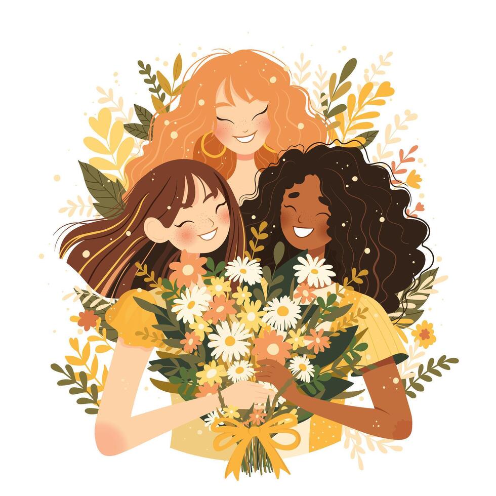 Three cute girls friends with a huge bouquet of flowers. Holiday card in flat vector style.