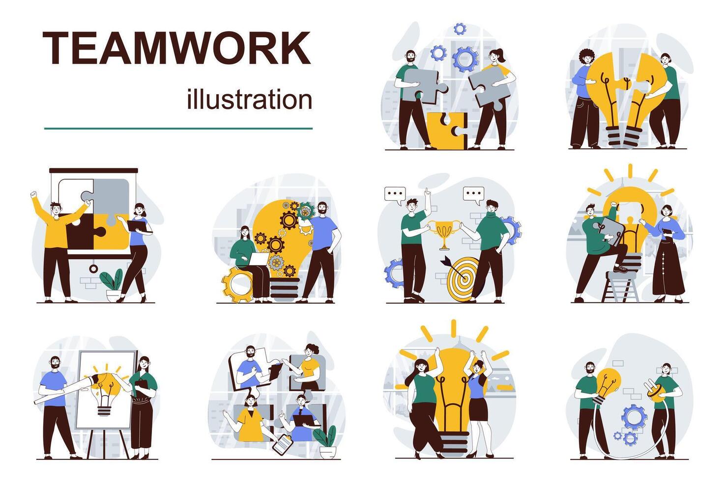 Teamwork concept with character situations mega set. Bundle of scenes people working together at projects, supporting colleagues, cooperation and partnership. Vector illustrations in flat web design