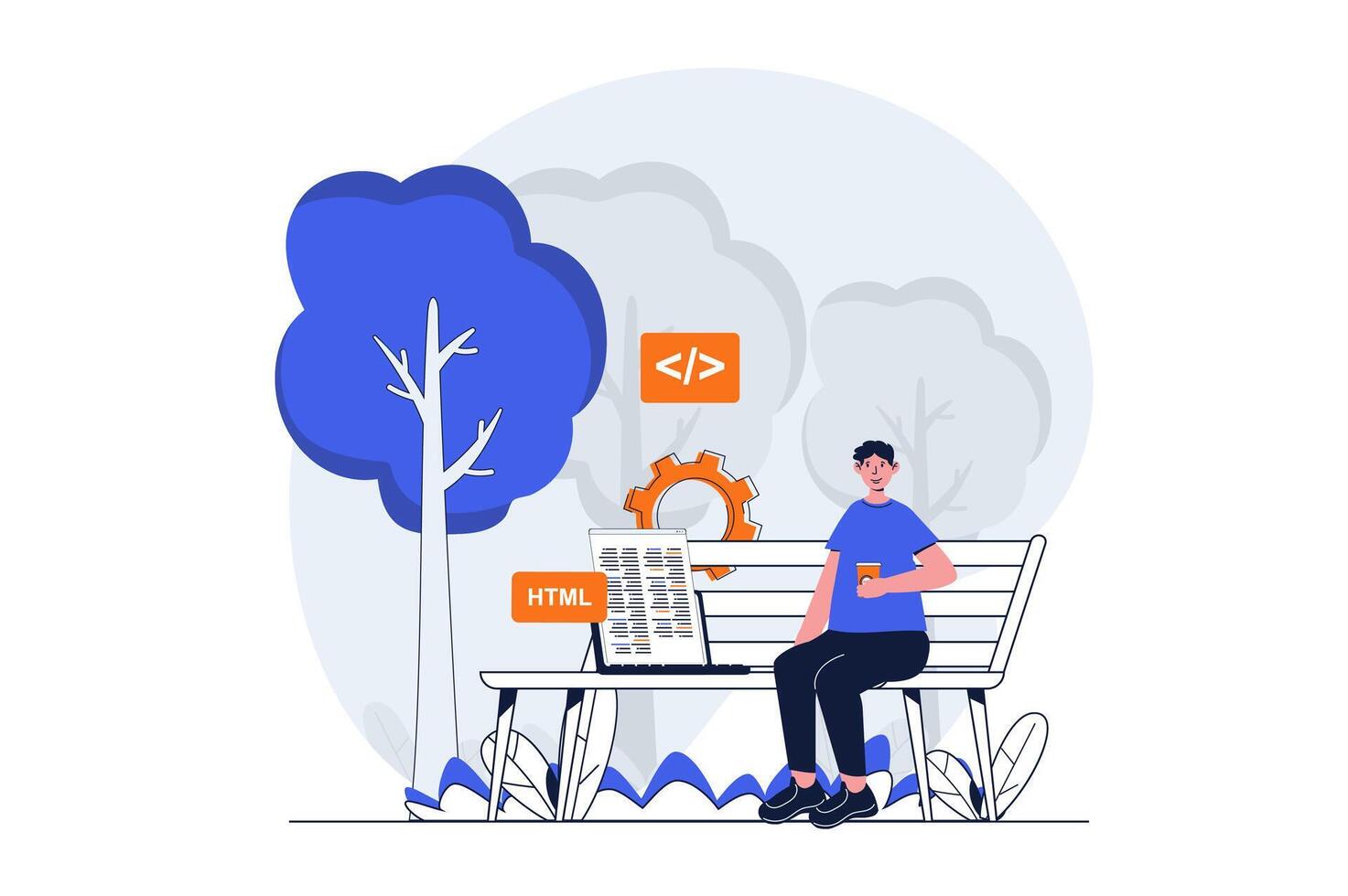 Freelance working web concept with character scene. Man programmer working with code while sitting in park. People situation in flat design. Vector illustration for social media marketing material.