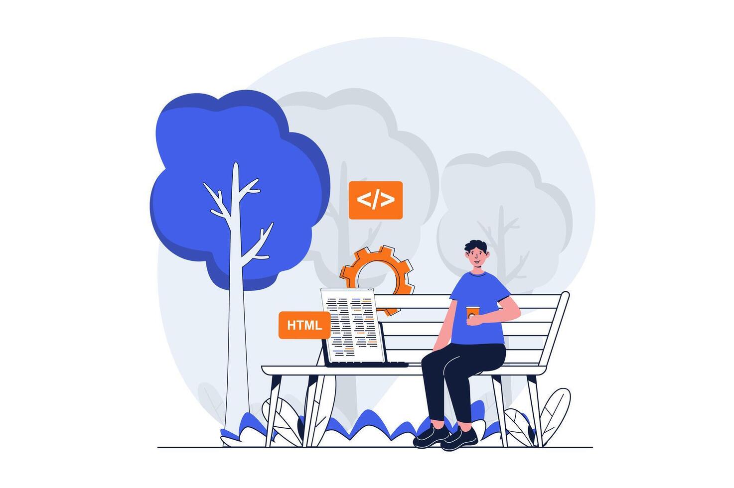 Lanza libre trabajando web concepto con personaje escena. hombre programador trabajando con código mientras sentado en parque. personas situación en plano diseño. vector ilustración para social medios de comunicación márketing material.