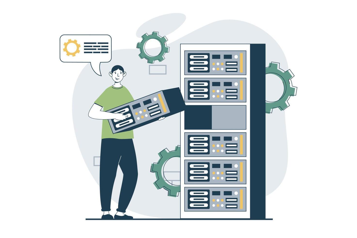 servidor mantenimiento concepto con personas escena en plano diseño para web. hombre solución de problemas y fijación equipo en hardware estante habitación. vector ilustración para social medios de comunicación bandera, márketing material.