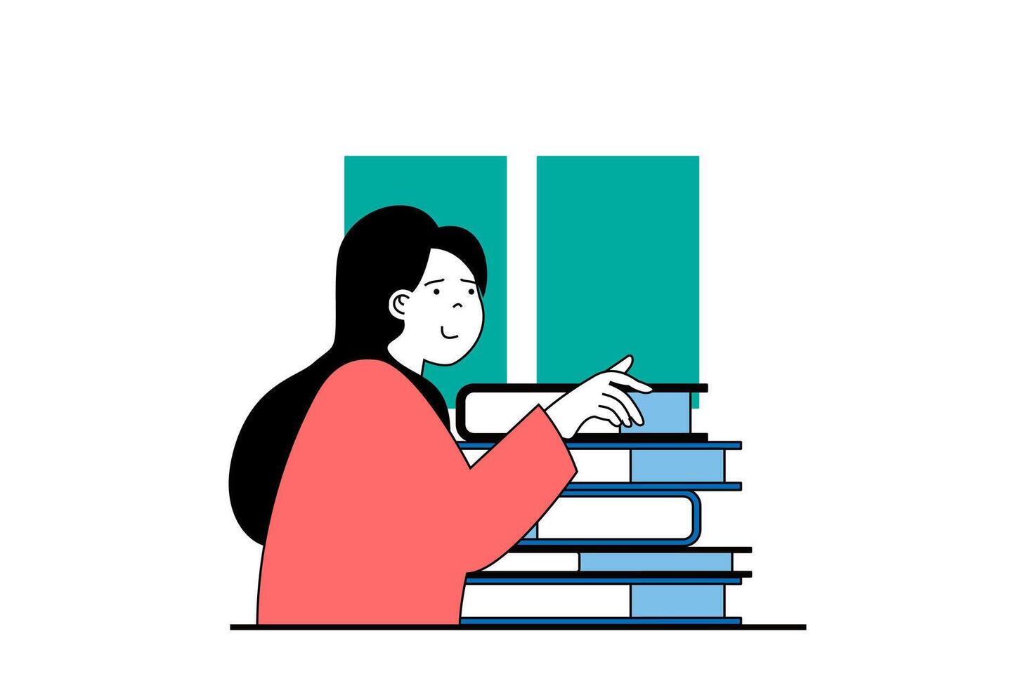 Education concept with people scene in flat web design. Young girl student going to library and getting stack of books for study. Vector illustration for social media banner, marketing material.