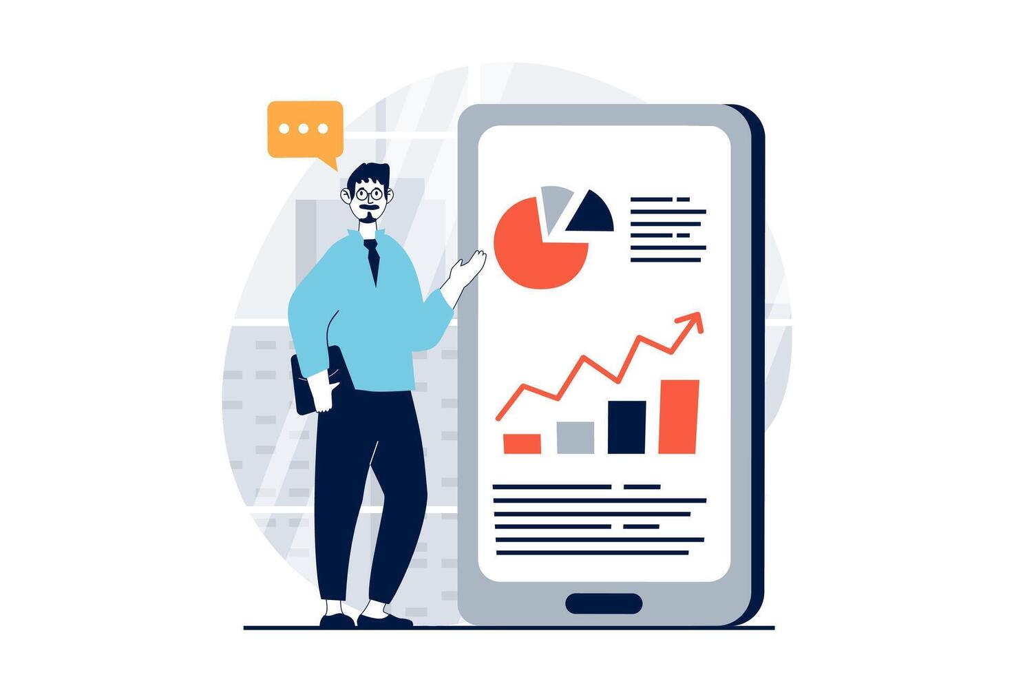 Data science concept with people scene in flat design for web. Man works with charts and graphs, researching information in mobile app. Vector illustration for social media banner, marketing material.