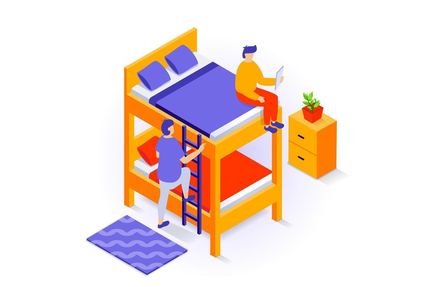 hogar interior concepto en 3d isométrica diseño. personas preparando a dormir en dormitorio con litera cama con escalera, cobija y almohadas, mesita de noche. vector ilustración con isometria escena para web gráfico