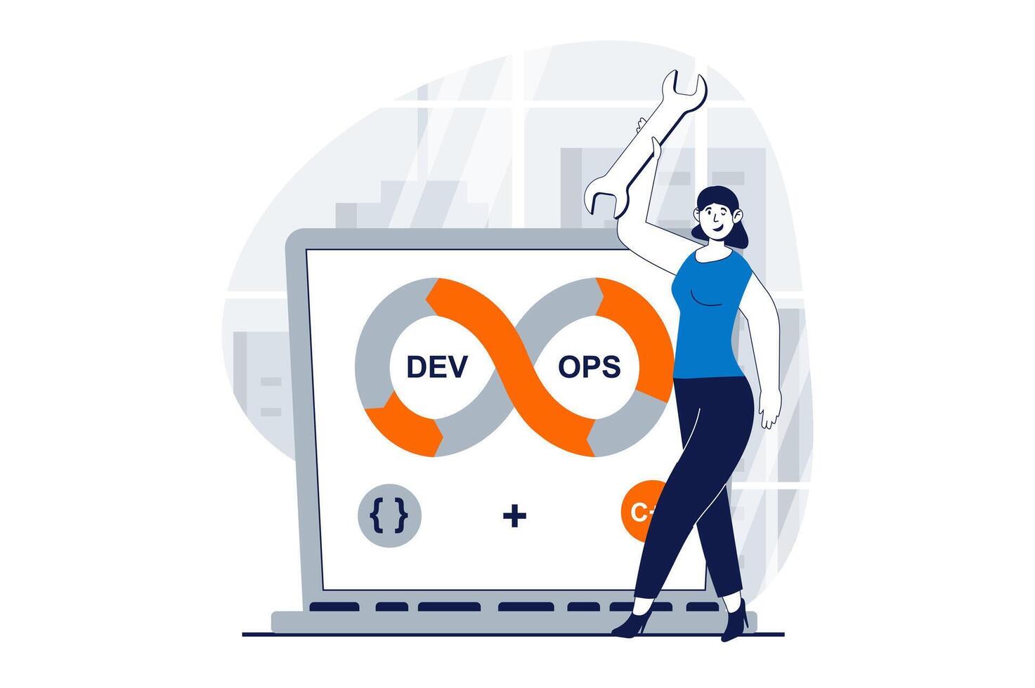 devops concepto con personas escena en plano diseño para web. mujer utilizando ágil proyecto administración para mejoramiento programación procesos. vector ilustración para social medios de comunicación bandera, márketing material.