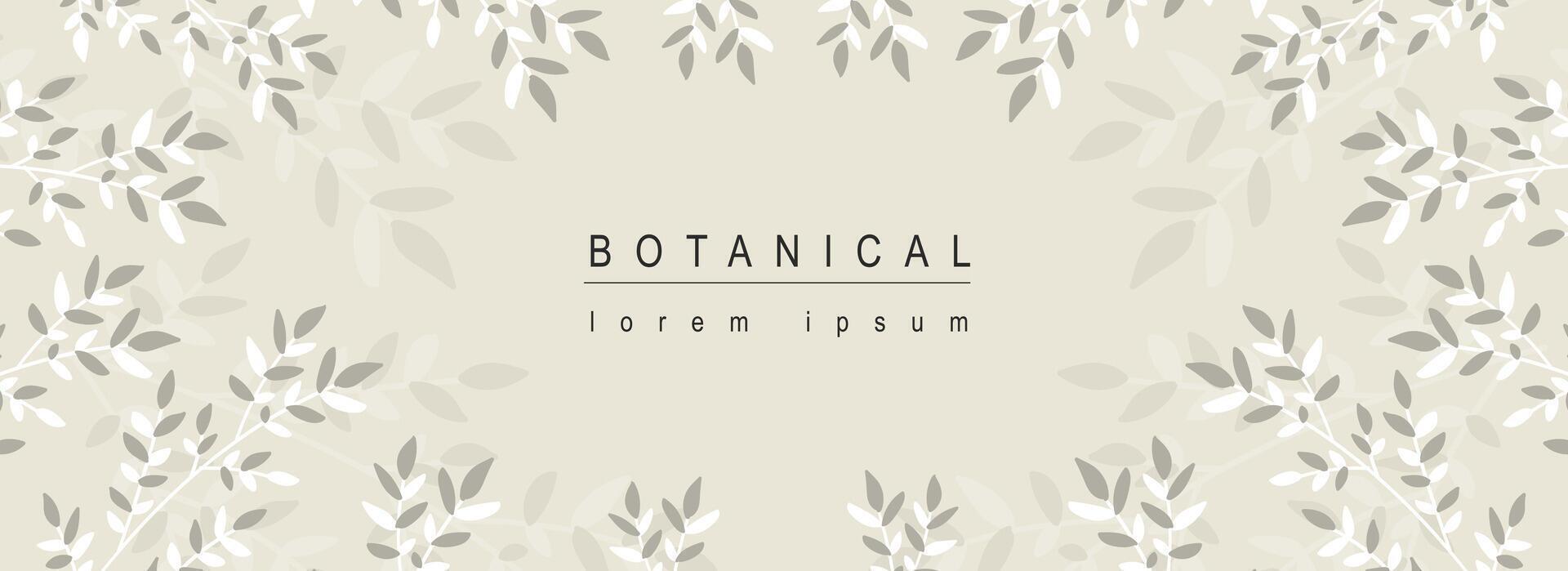 Botanical abstract background with floral line art design. Horizontal web banner with monochrome vignetting frame with herbs, twigs, branches with leaves and foliage plants. Vector illustration.