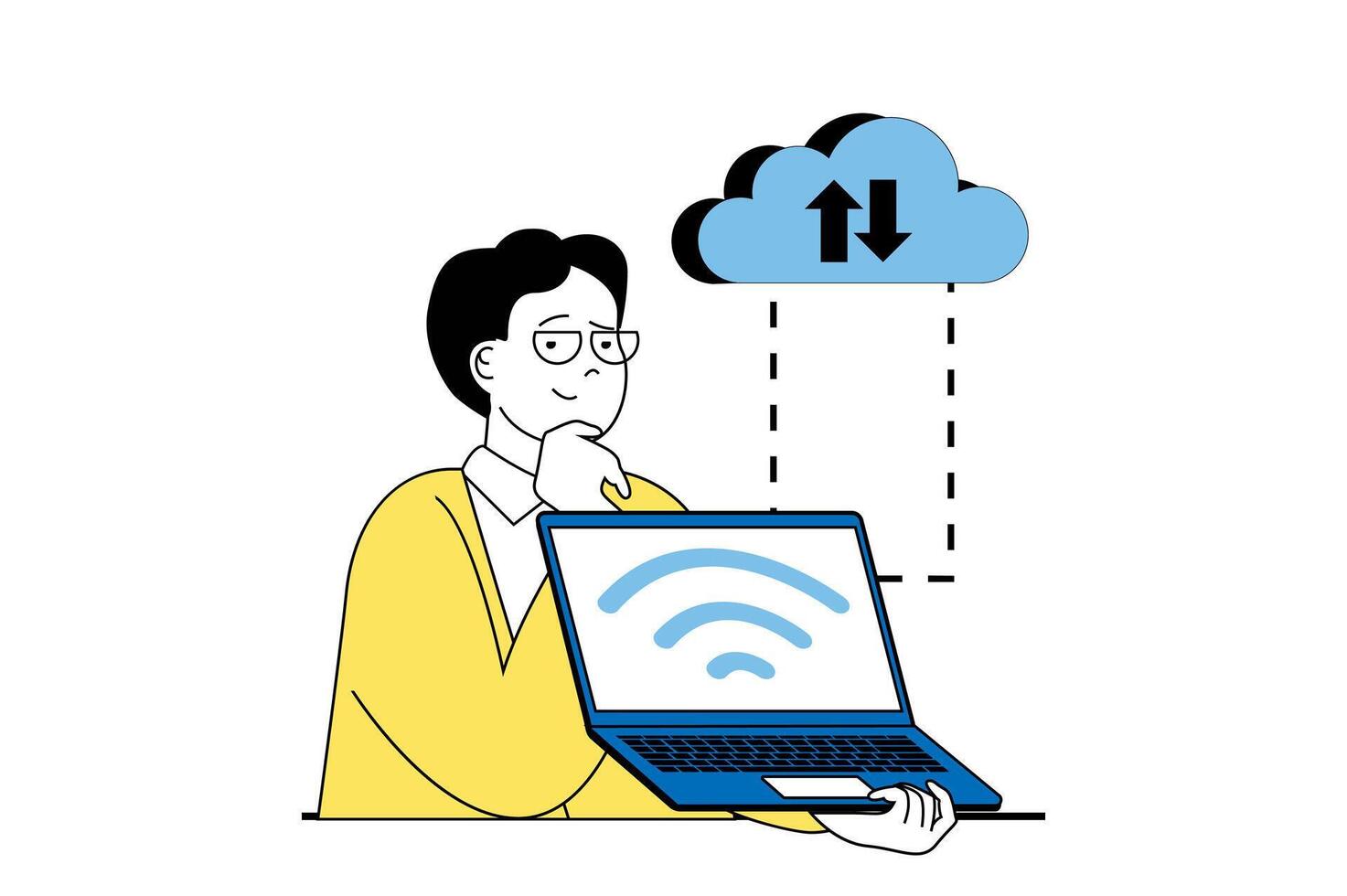 Cloud computing concept with people scene in flat web design. Man using wifi connect for getting access for cloud storage with files. Vector illustration for social media banner, marketing material.