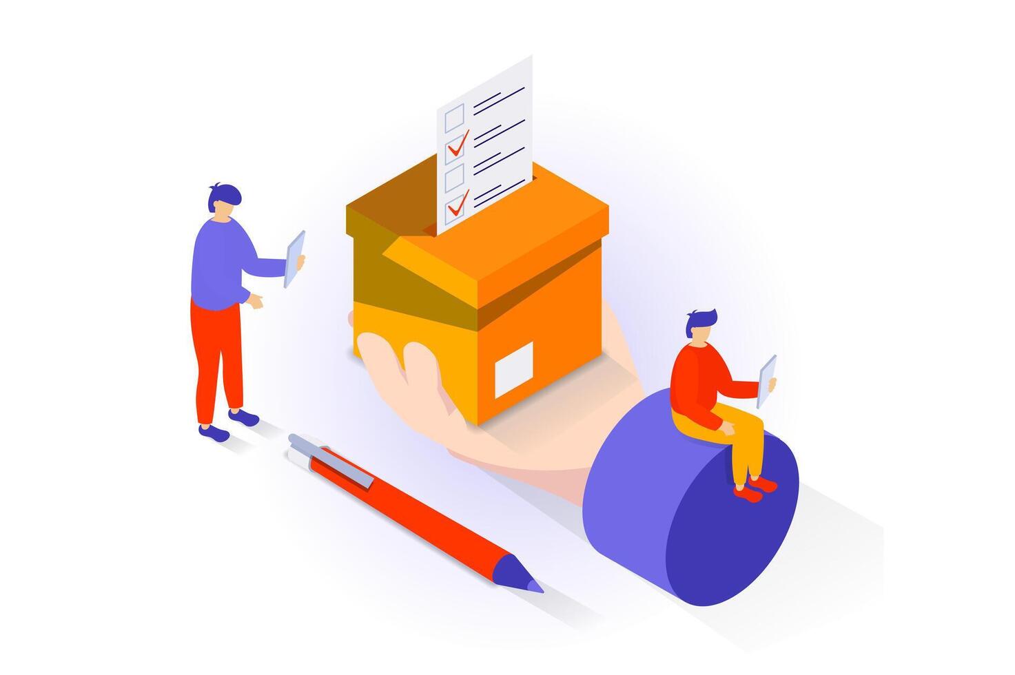 Election and voting concept in 3d isometric design. People choosing their political candidate and vote in elections, putting ballot in box. Vector illustration with isometry scene for web graphic
