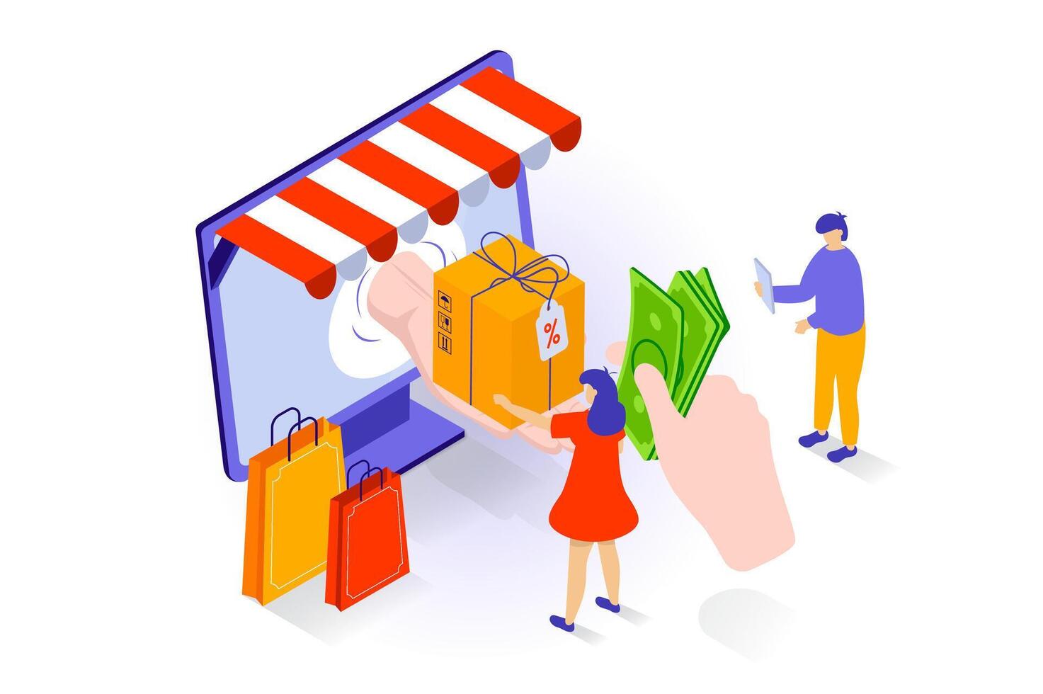 Online shopping concept in 3d isometric design. People ordering products, paying by webpage digital form, receive parcel with delivery service. Vector illustration with isometry scene for web graphic