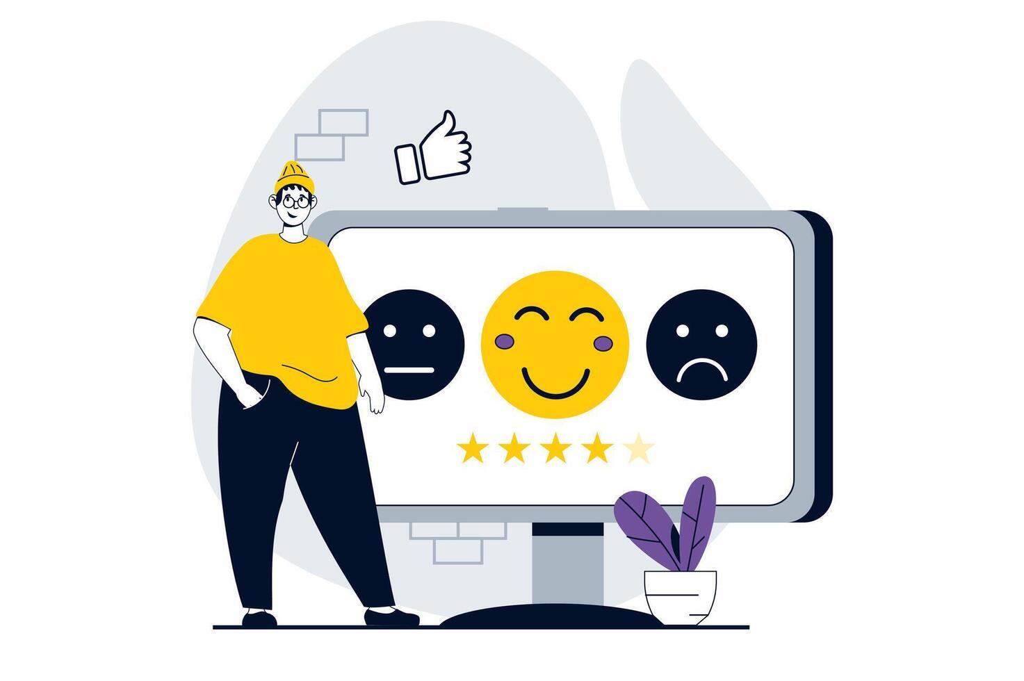 Feedback page concept with people scene in flat design for web. Man choosing smile with good emotion for client experience evaluation. Vector illustration for social media banner, marketing material.
