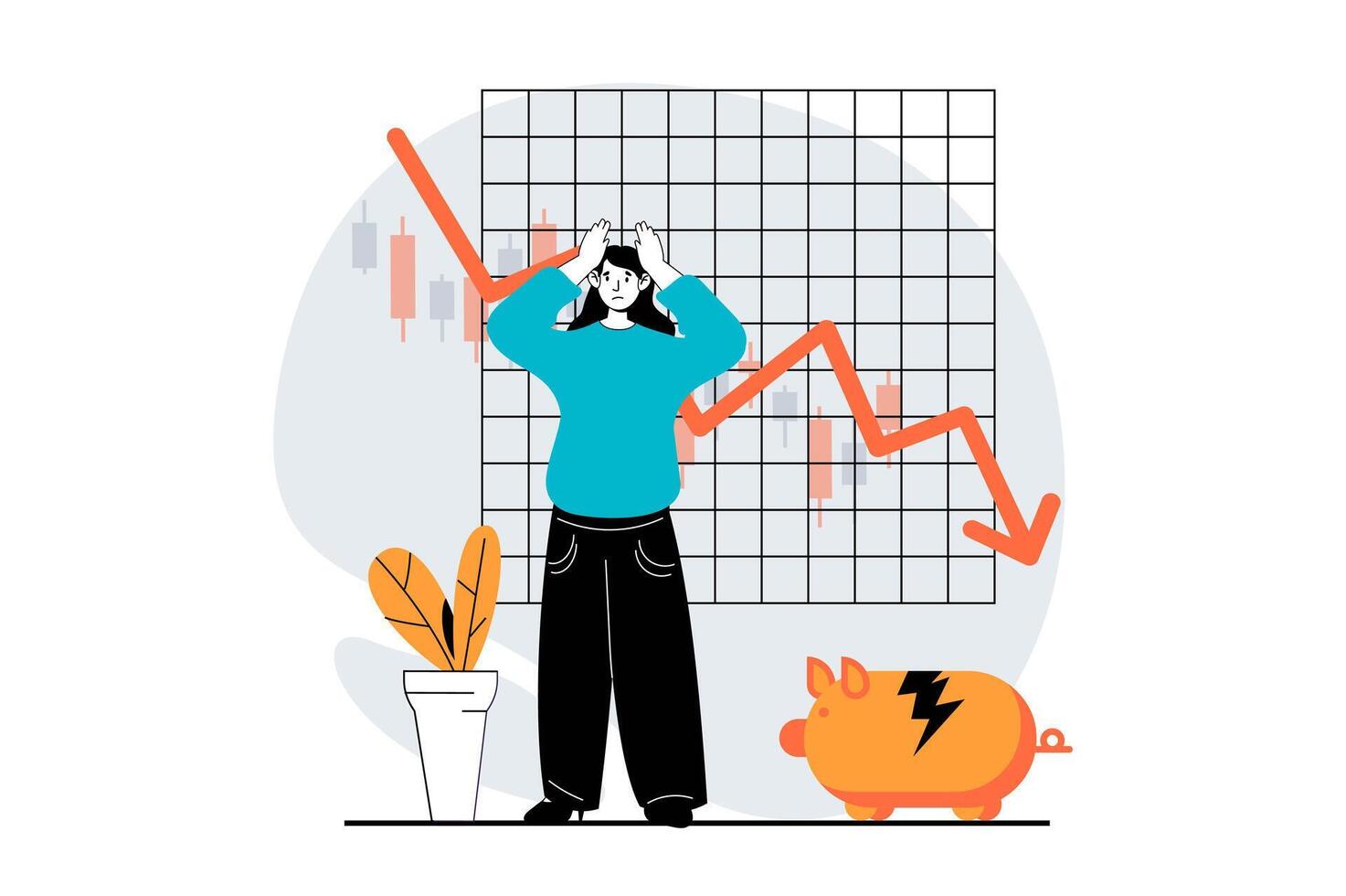 Stock market concept with people scene in flat design for web. Woman making risk invest and getting crash, negative trend and crisis. Vector illustration for social media banner, marketing material.