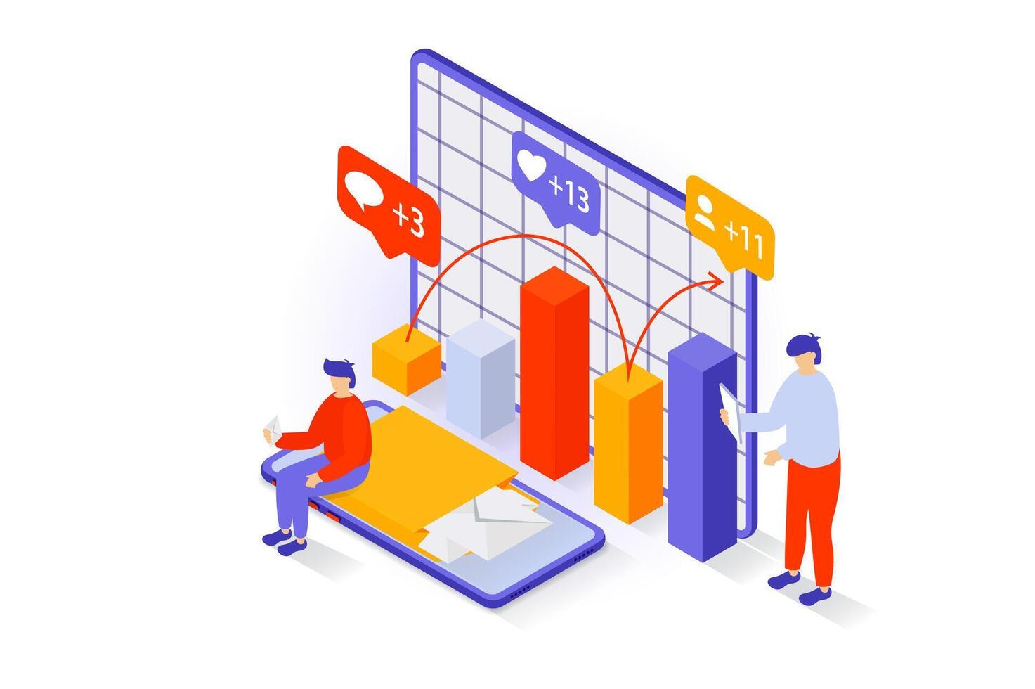 Social media concept in 3d isometric design. People analyzing blog statistics with new followers, comments, likes, chats and receive emails. Vector illustration with isometry scene for web graphic