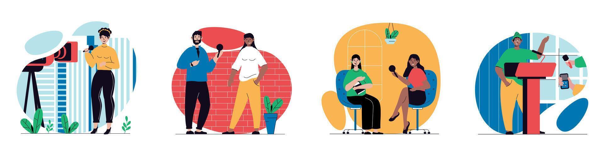 Journalism concept with people scenes set in flat web design. Bundle of character situations with reporters and journalists with microphones works in mass media, news tv shows. Vector illustrations.
