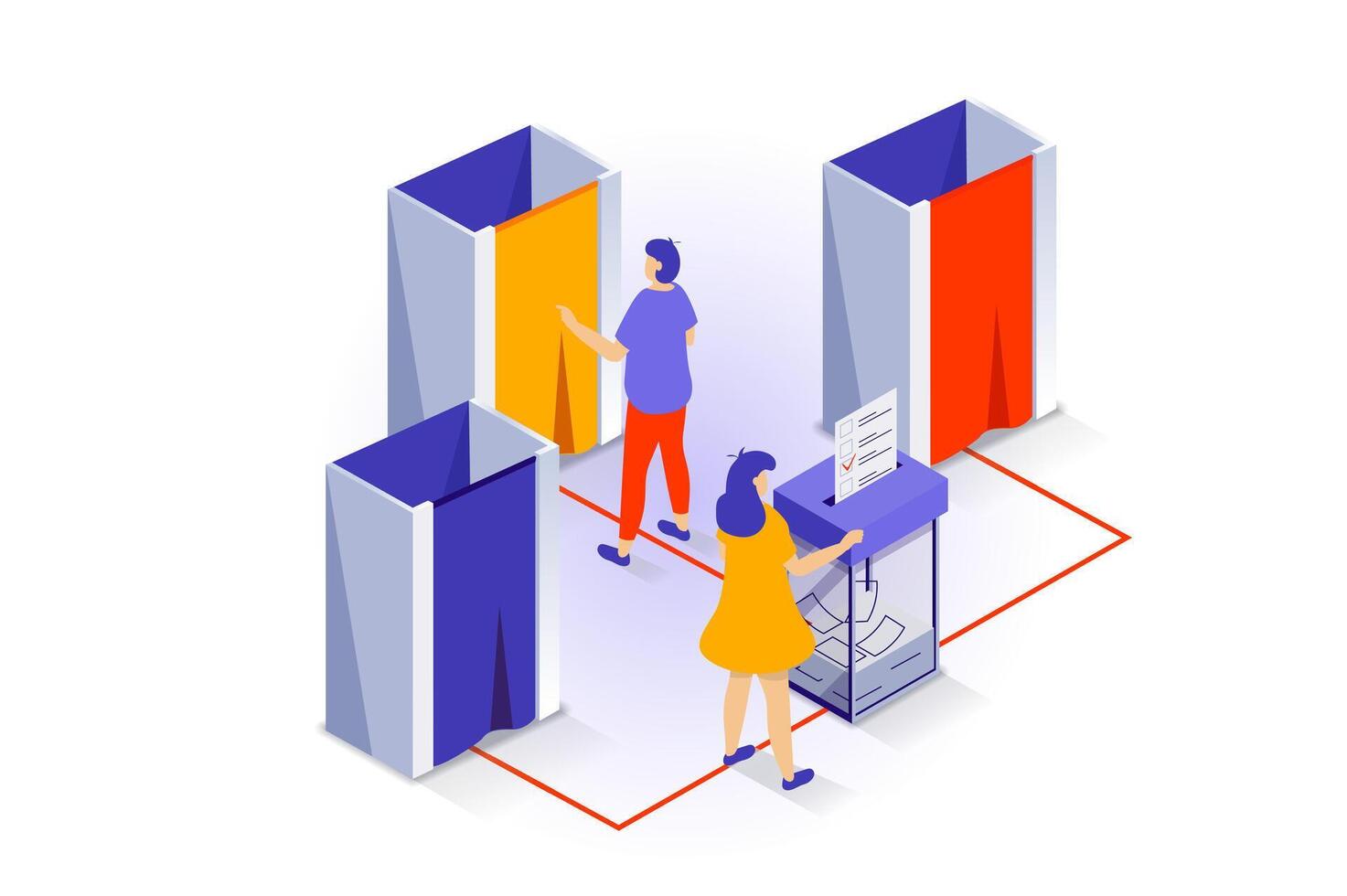 elección y votación concepto en 3d isométrica diseño. personas Vamos a votación estaciones y votar en cabinas y poniendo lista con marcas de verificación en caja. vector ilustración con isometria escena para web gráfico