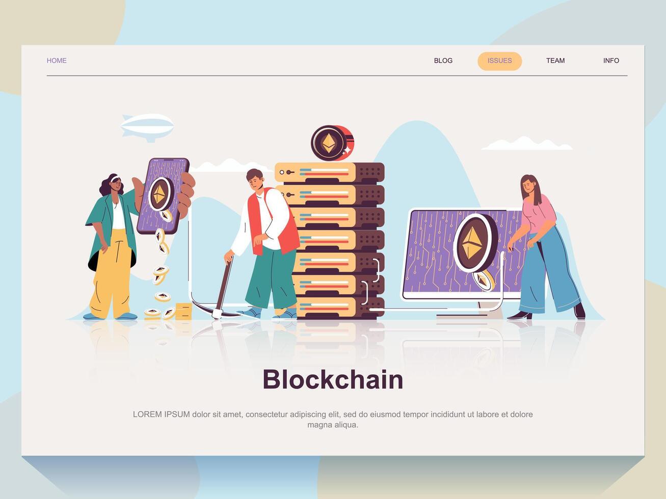 Blockchain web concept for landing page in flat design. Man and woman mining cryptocurrencies at farm, making transaction, earning money. Vector illustration with people scene for website homepage