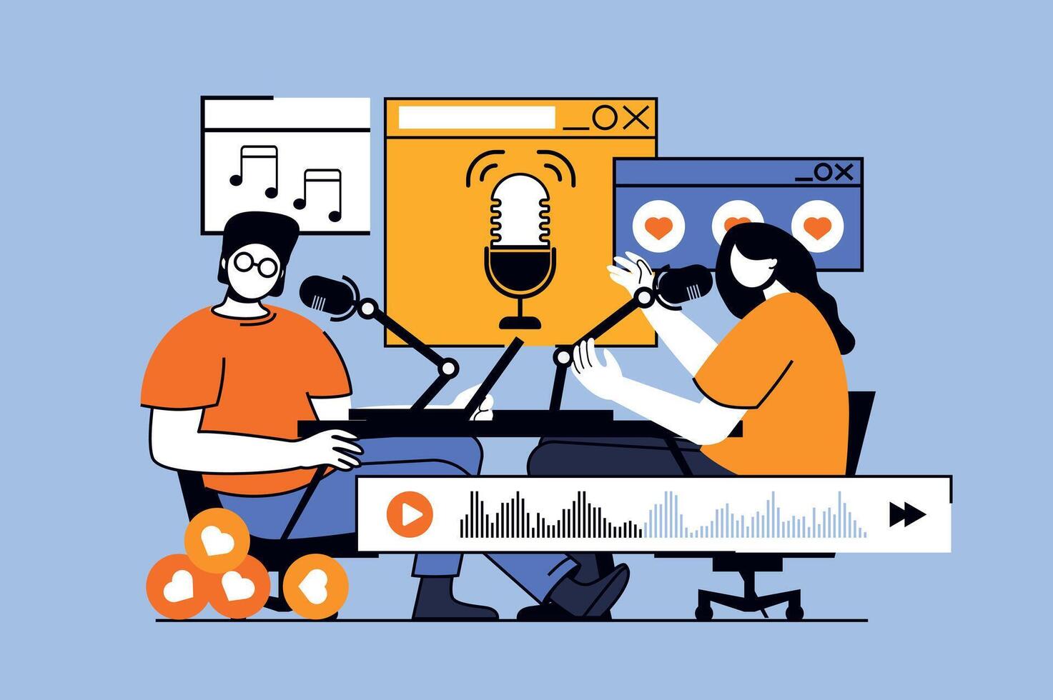Podcast streaming concept with people scene in flat design for web. Journalist and host broadcasting in and live discussing at studio. Vector illustration for social media banner, marketing material.