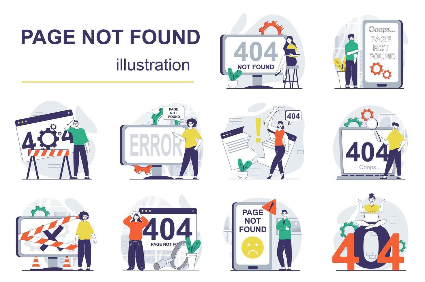 página no encontró concepto con personaje situaciones mega colocar. haz de escenas personas teniendo problemas con conexión, viendo error texto o 404 Error en pantallas vector ilustraciones en plano web diseño