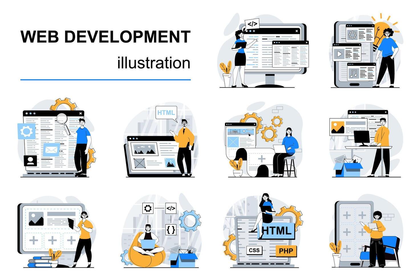 Web development concept with character situations mega set. Bundle of scenes people making websites layouts, placing elements and content, coding and testing. Vector illustrations in flat design
