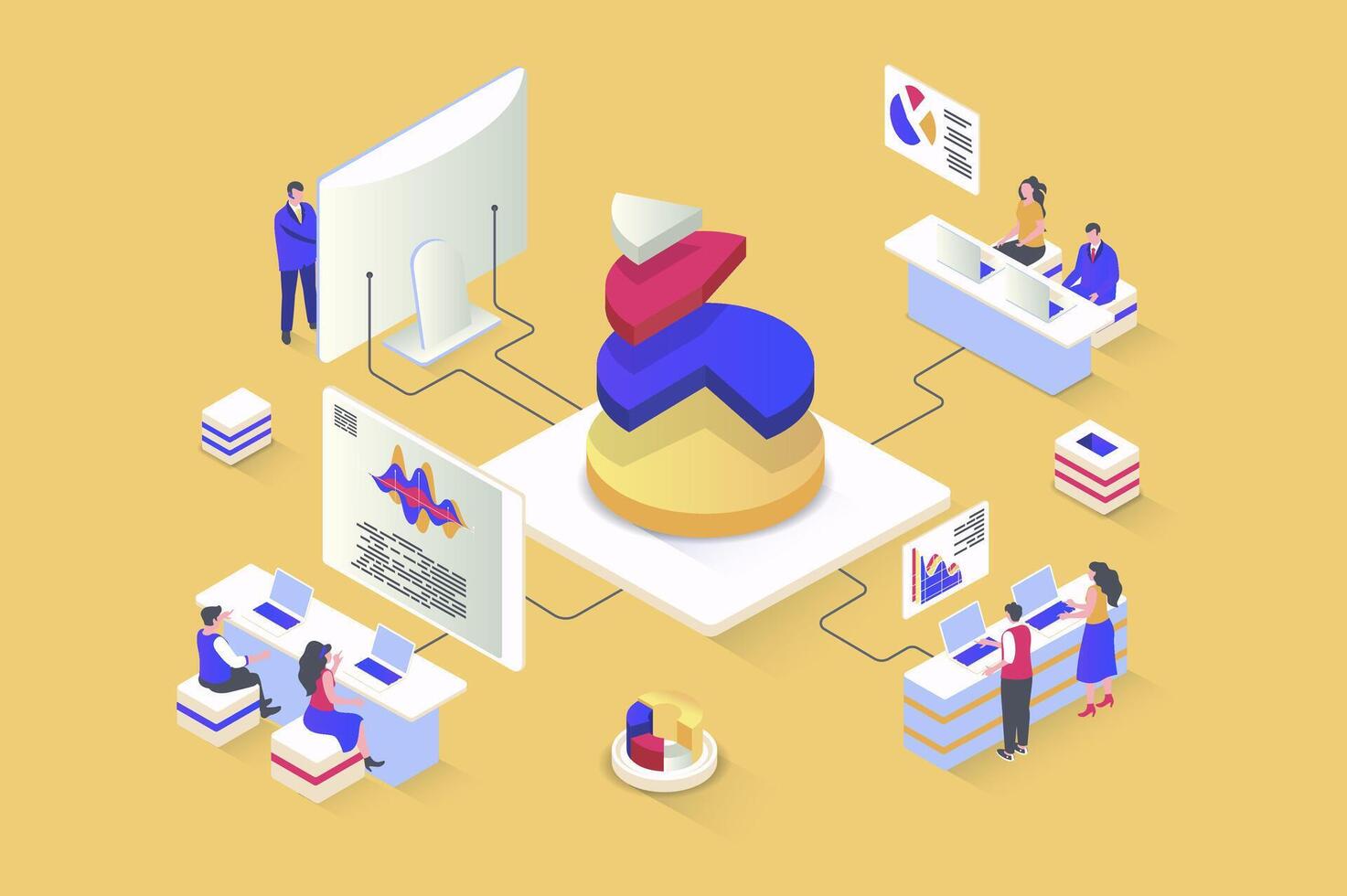 Data analysis concept in 3d isometric design. Studying chart, researching statistics for financial reports and creating new strategy. Vector illustration with isometry people scene for web graphic