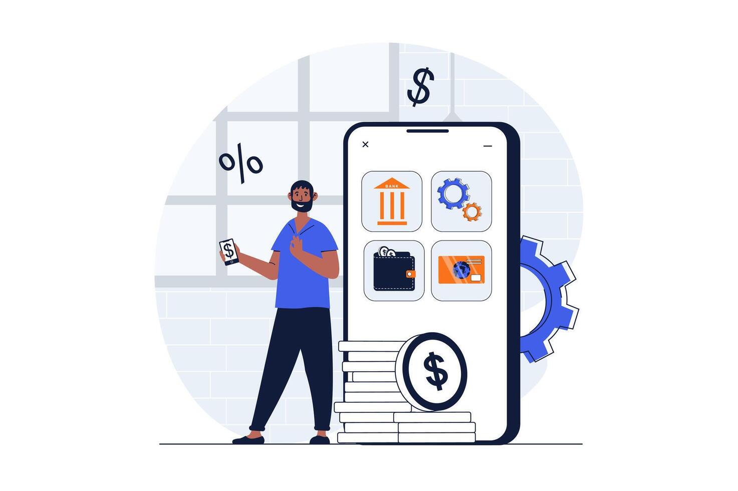 Mobile banking web concept with character scene. Man manages finances and banking services in smartphone app. People situation in flat design. Vector illustration for social media marketing material.