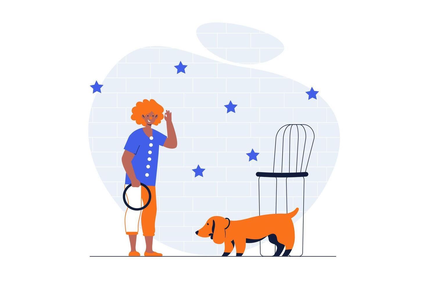 Circus web concept with character scene. Clown and circus animal trainer performing with dog on concert. People situation in flat design. Vector illustration for social media marketing material.