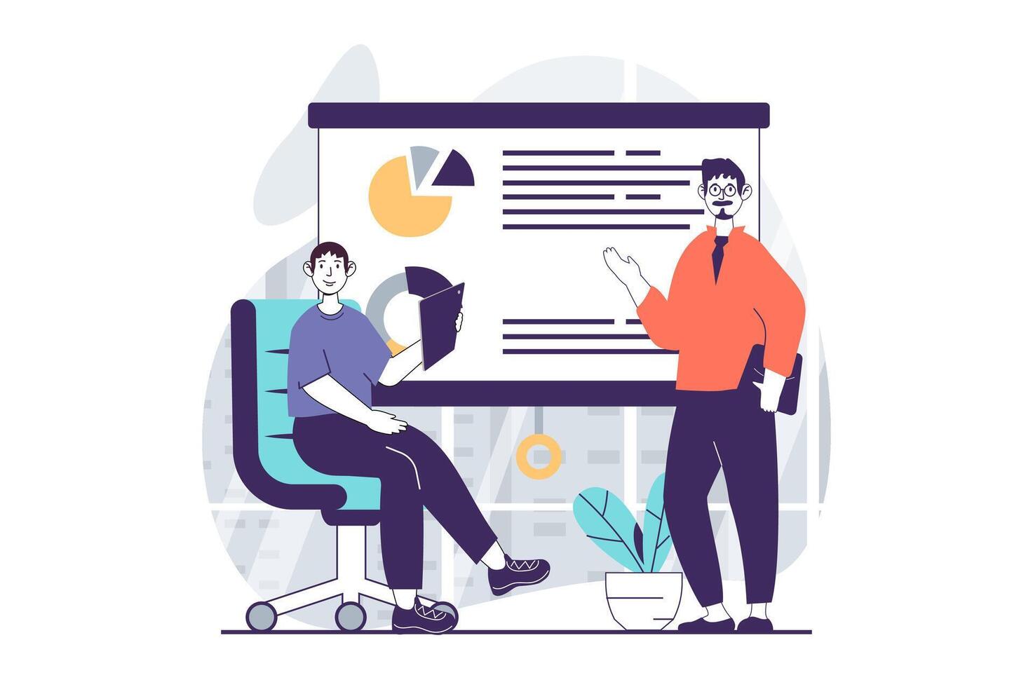 Focus group concept with people scene in flat design for web. Men discussing of data diagram, searching trends and planning strategy. Vector illustration for social media banner, marketing material.