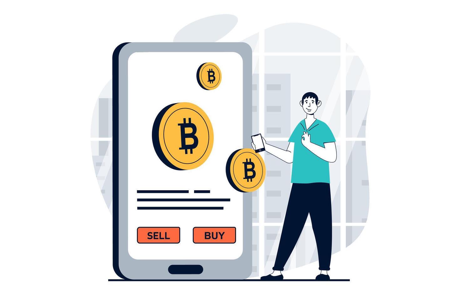 Cryptocurrency marketplace concept with people scene in flat design for web. Man buying or selling bitcoin using online mobile app. Vector illustration for social media banner, marketing material.