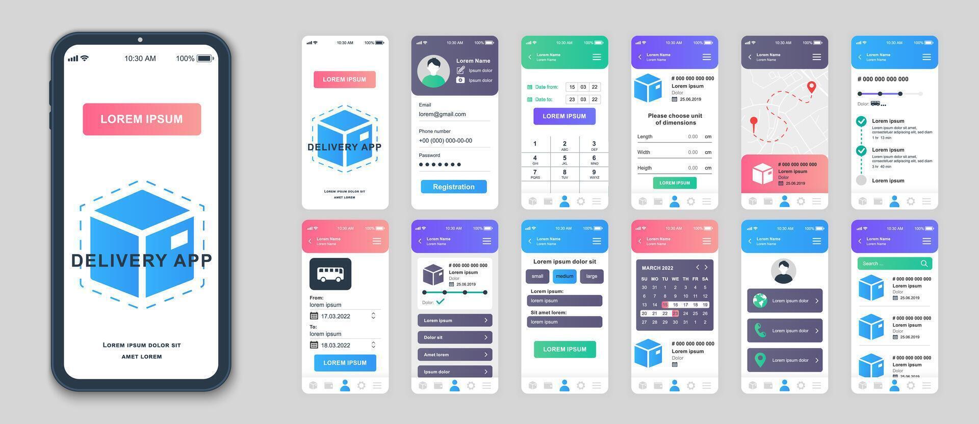 Delivery mobile app screens set for web templates. Pack of shipping service, calculate package, tracking parcel with location. UI, UX, GUI user interface kit for cellphone layouts. Vector design