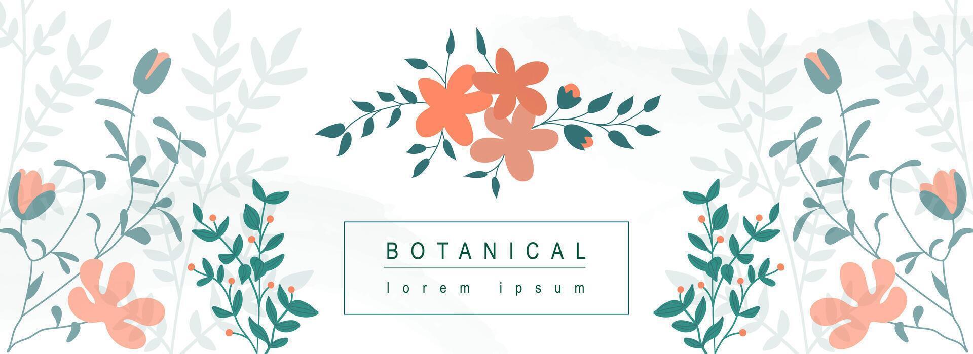 Botanical abstract background with floral line art design. Horizontal web banner in minimal style with blooming red flowers and wildflowers, different green leaves and twigs. Vector illustration.