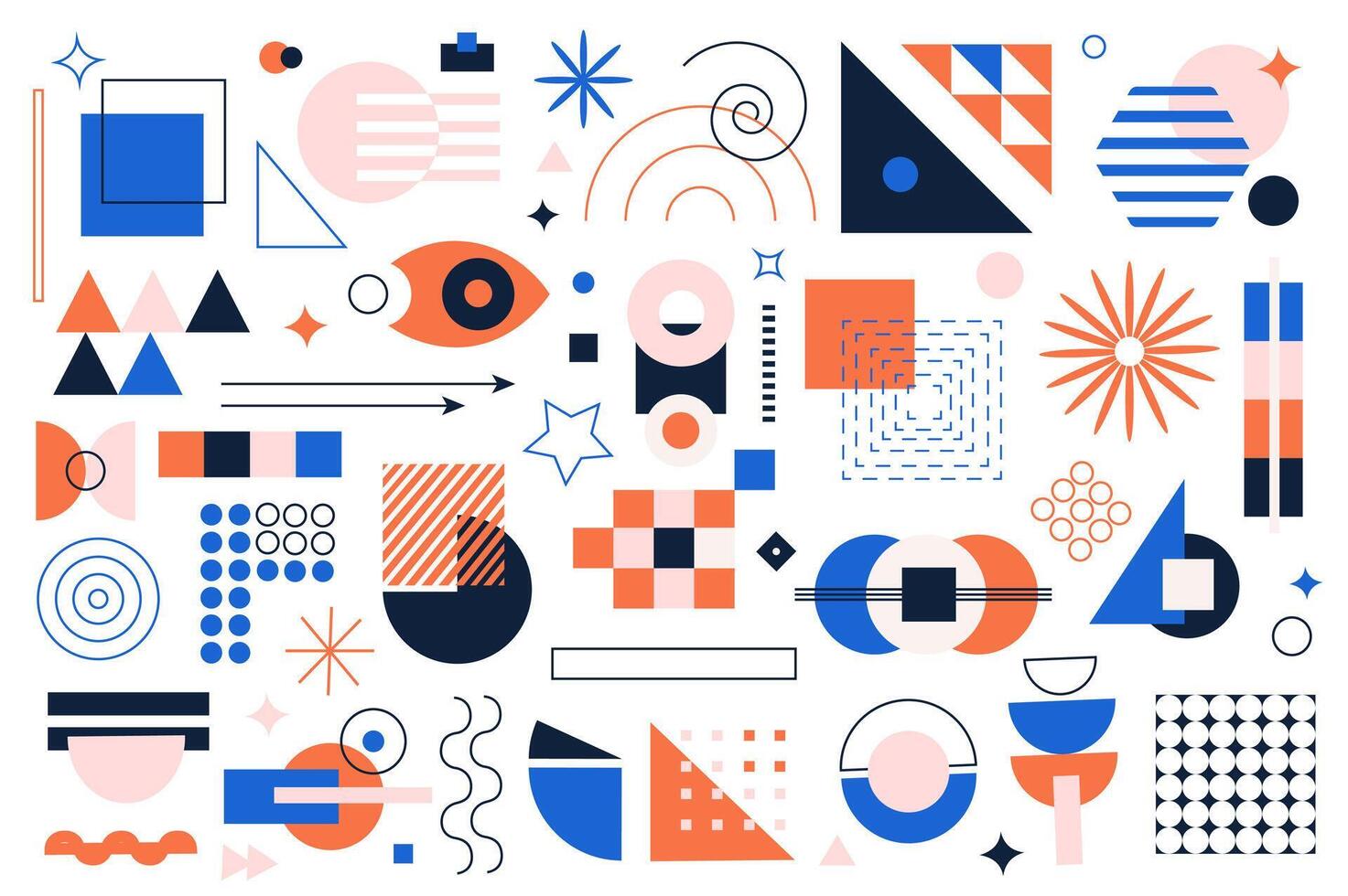 Geometric shapes mega set graphic elements in flat design. Bundle of squares, curl lines, circles, stars, triangles, arrows and other simple forms and composition. Vector illustration isolated objects