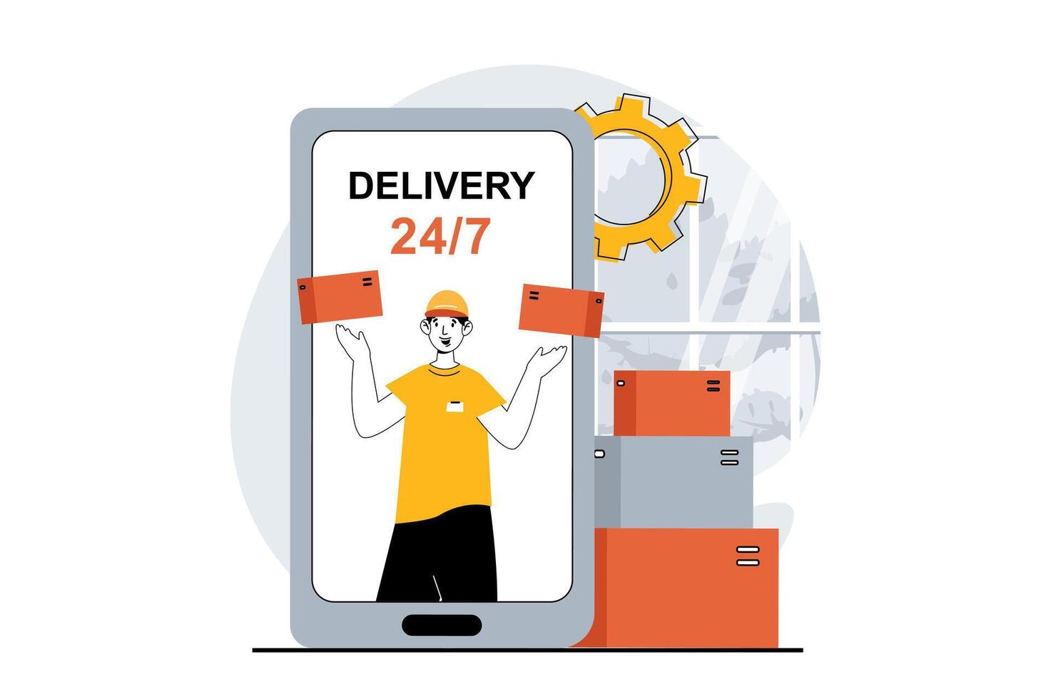 Delivery service concept with people scene in flat design for web. Fast courier ship to home with online tracking of transportation. Vector illustration for social media banner, marketing material.