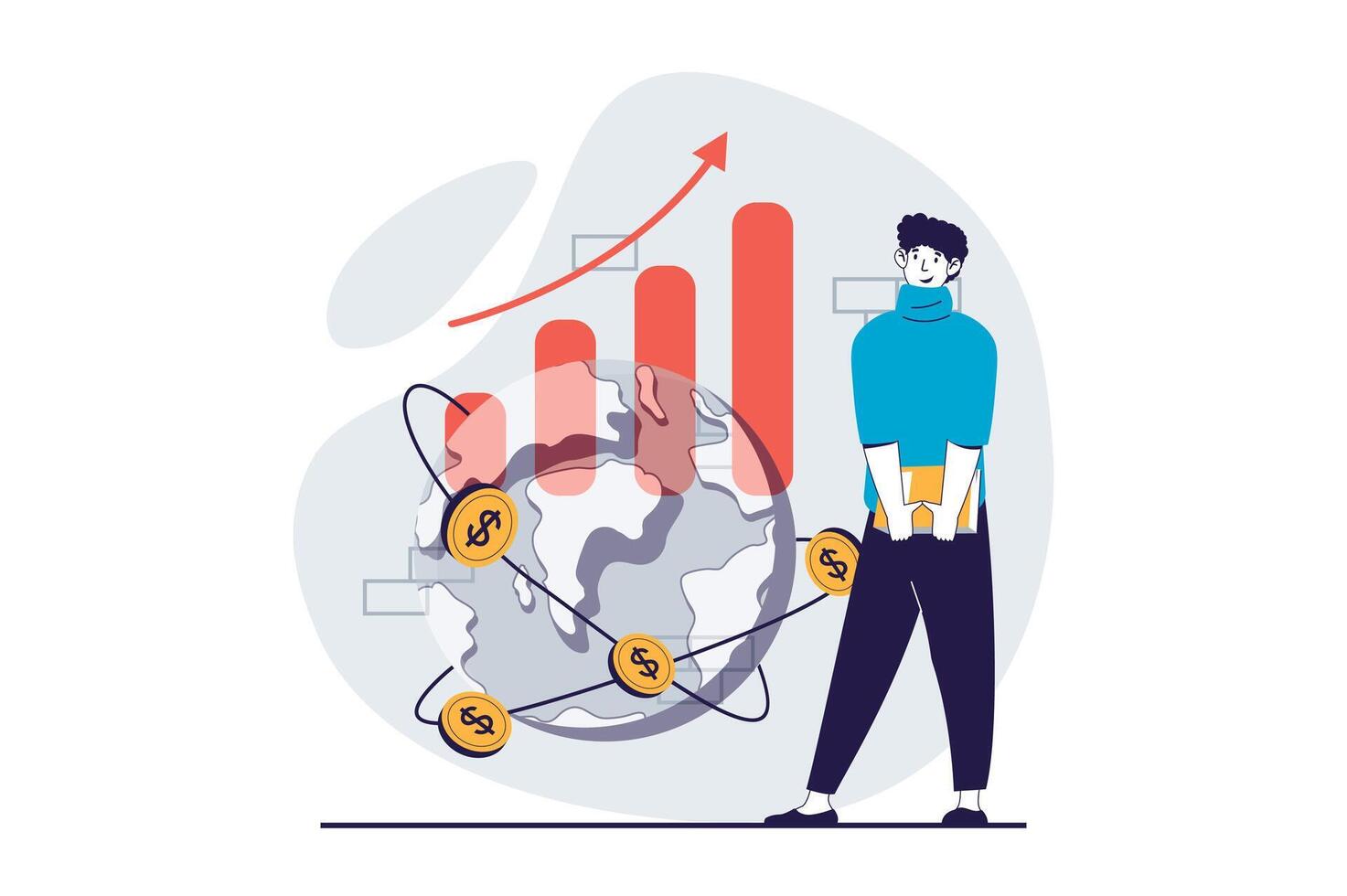 Global economic concept with people scene in flat design for web. Man analyzing data of worldwide market, creating success business. Vector illustration for social media banner, marketing material.