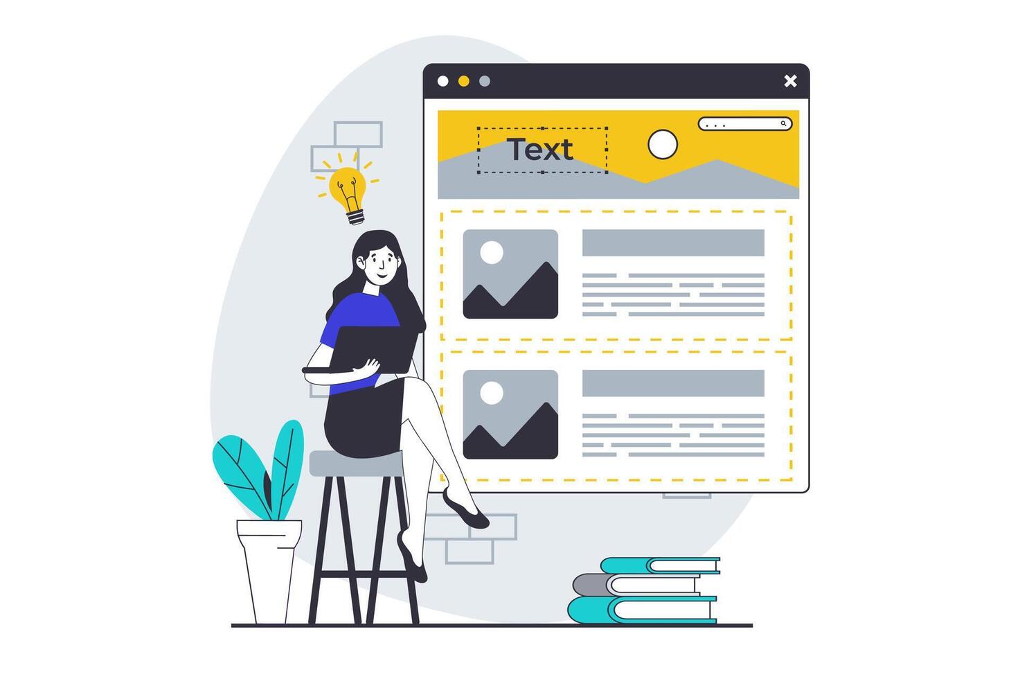 ui ux diseño concepto con personas escena en plano gráfico para web. mujer trabajando con sitio web disposición, relleno contenido y edición página. vector ilustración para social medios de comunicación bandera, márketing material.