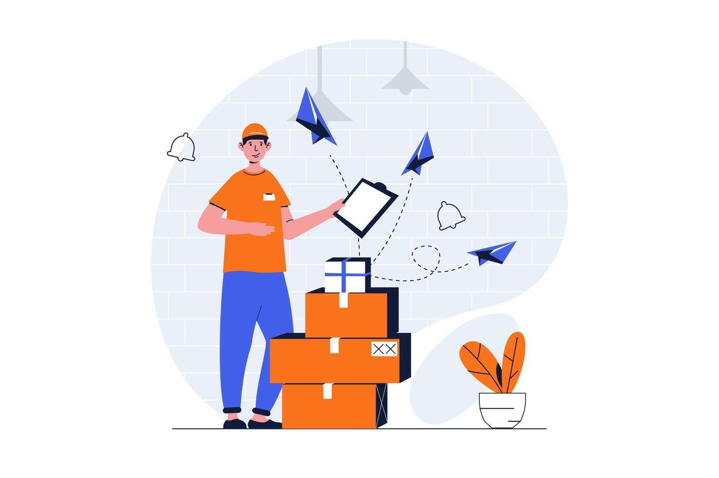 Delivery service web concept with character scene. Man delivering cardboards boxes, sending parcels to client. People situation in flat design. Vector illustration for social media marketing material.