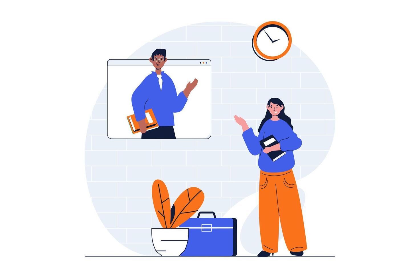 Education web concept with character scene. Student listening webinar with teacher and studying online. People situation in flat design. Vector illustration for social media marketing material.