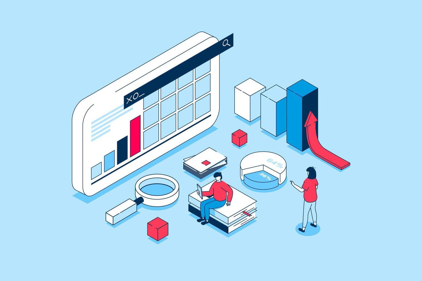 Data analysis concept in 3d isometric design. People analyzing graphs on dashboard and business reports, working with financial information. Vector illustration with isometry scene for web graphic