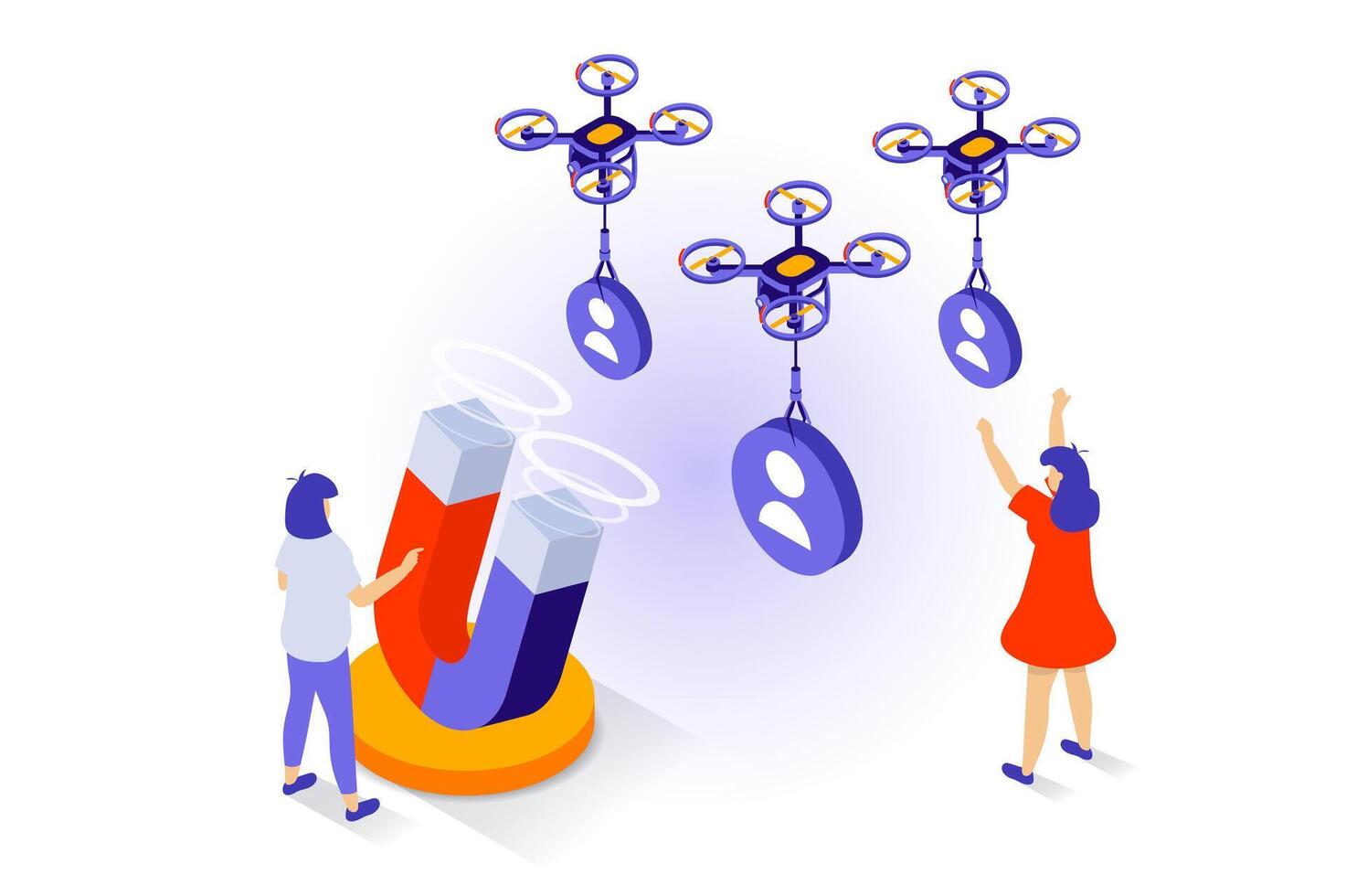 Social media concept in 3d isometric design. People attracting new auditorium by marketing magnet, flying drone carrying new followers to blog. Vector illustration with isometry scene for web graphic