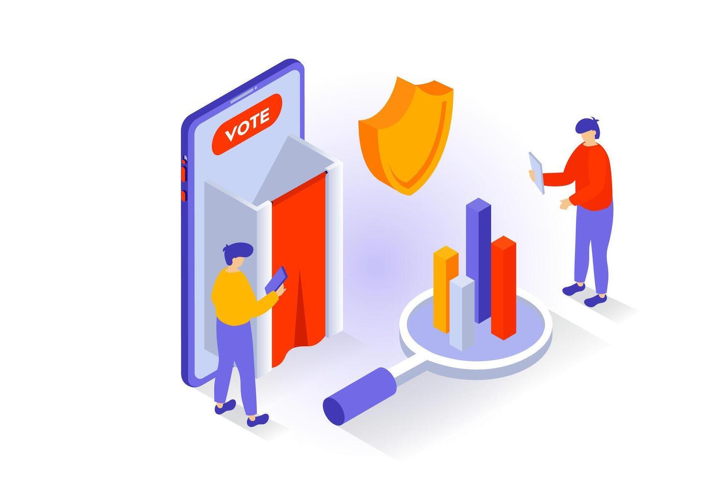 Election and voting concept in 3d isometric design. People vote in elections at safety polling stations with booths and calculating results. Vector illustration with isometry scene for web graphic