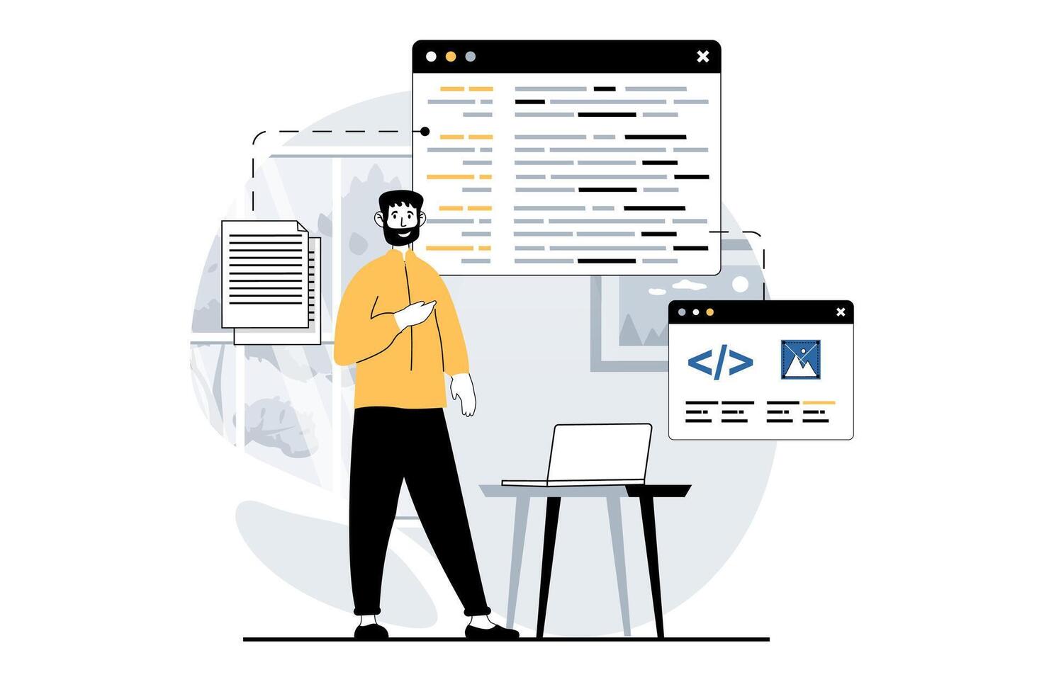 Software development concept with people scene in flat design for web. Man designer programming and optimization application code. Vector illustration for social media banner, marketing material.