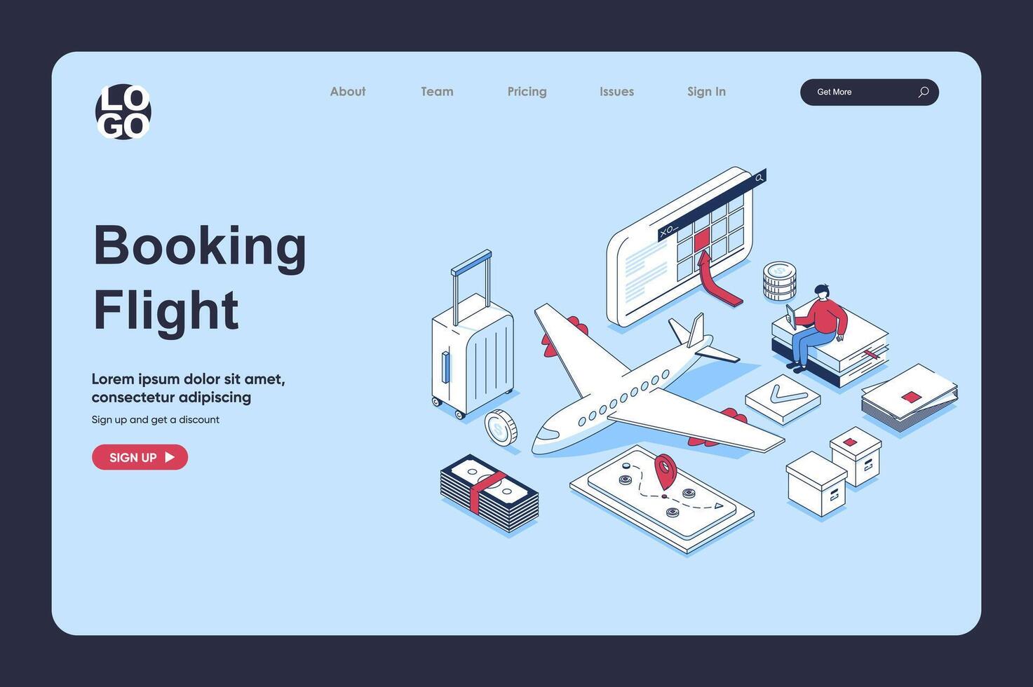 Booking flight concept in 3d isometric design for landing page template. People choosing travel destination by plane, creating route, ordering and buying tickets in app. Vector illustration for web