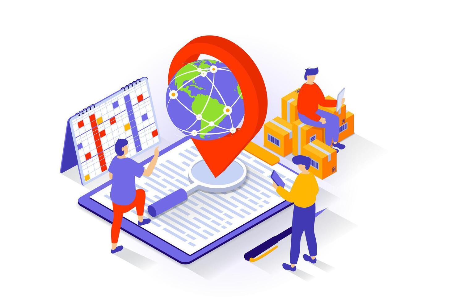 Transportation and logistics concept in 3d isometric design. People delivering cardboard packages and parcels using global delivery service. Vector illustration with isometry scene for web graphic