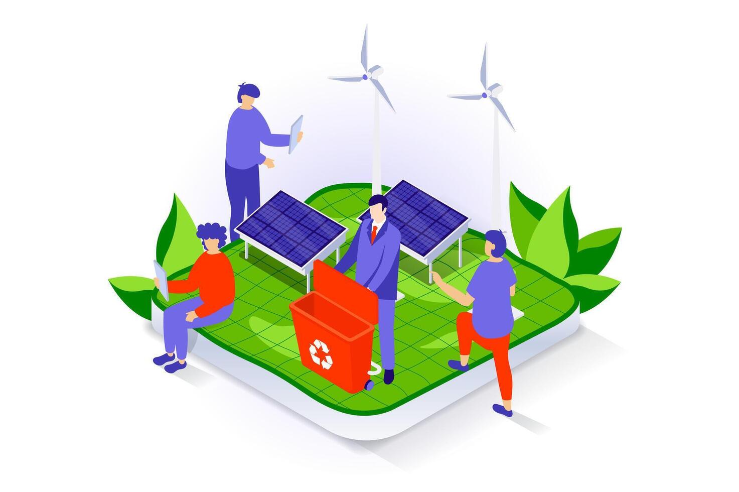 Eco lifestyle concept in 3d isometric design. People use solar panels and wind turbines station to generate green electricity and save nature. Vector illustration with isometry scene for web graphic