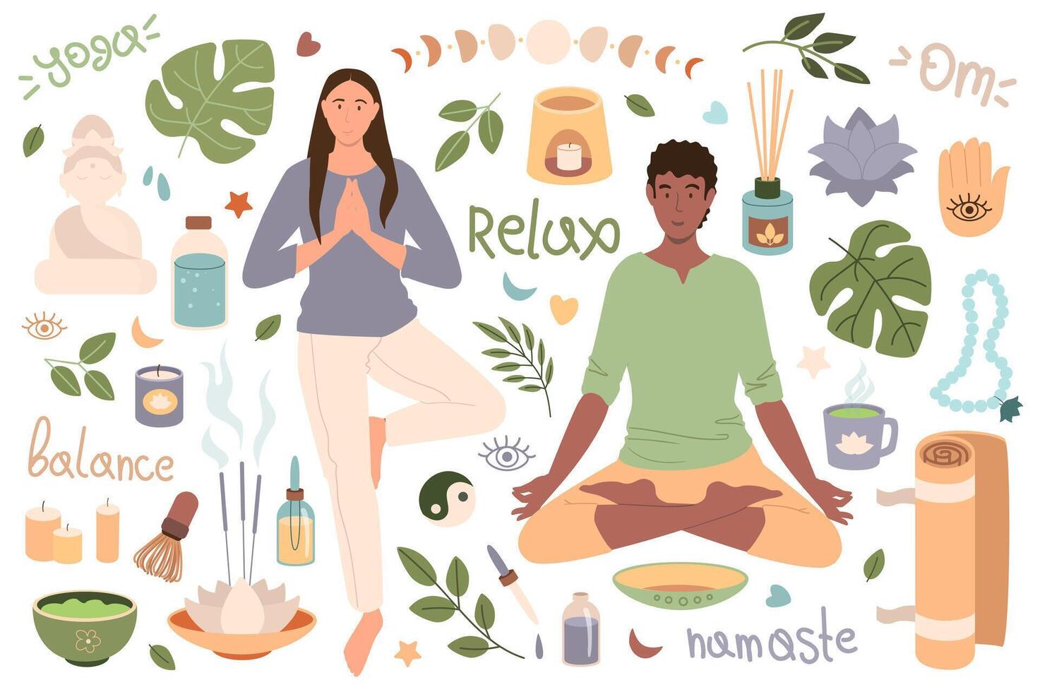 Yoga mega set graphic elements in flat design. Bundle of woman and man in different asanas, monstera leaves, candles, lunar cycle, mat, aroma sticks, other tools. Vector illustration isolated objects