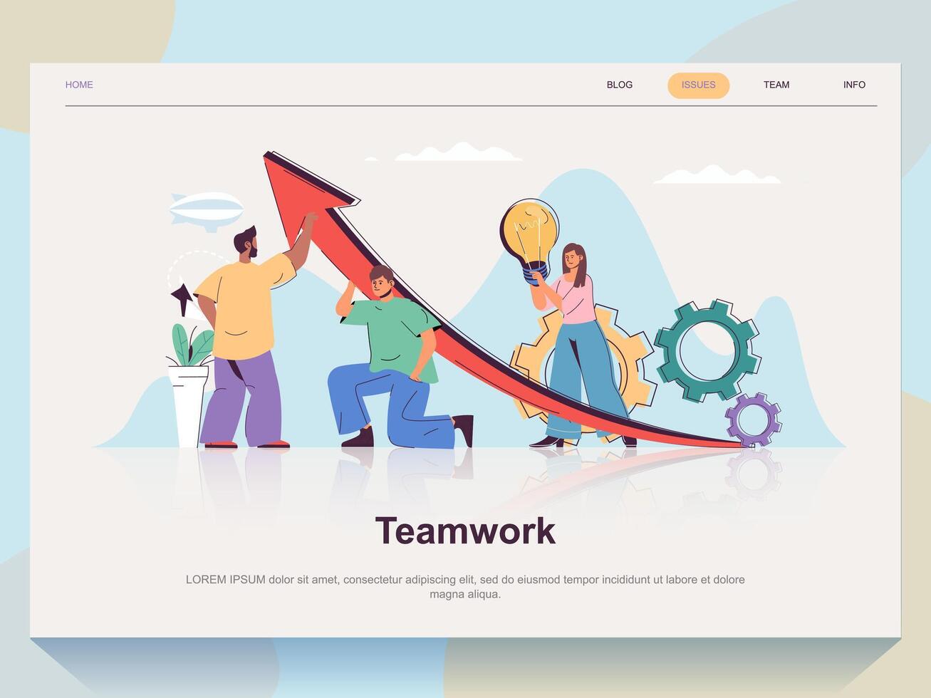 Teamwork web concept for landing page in flat design. Man and woman working together, collaboration and supporting, increase arrow growth. Vector illustration with people scene for website homepage