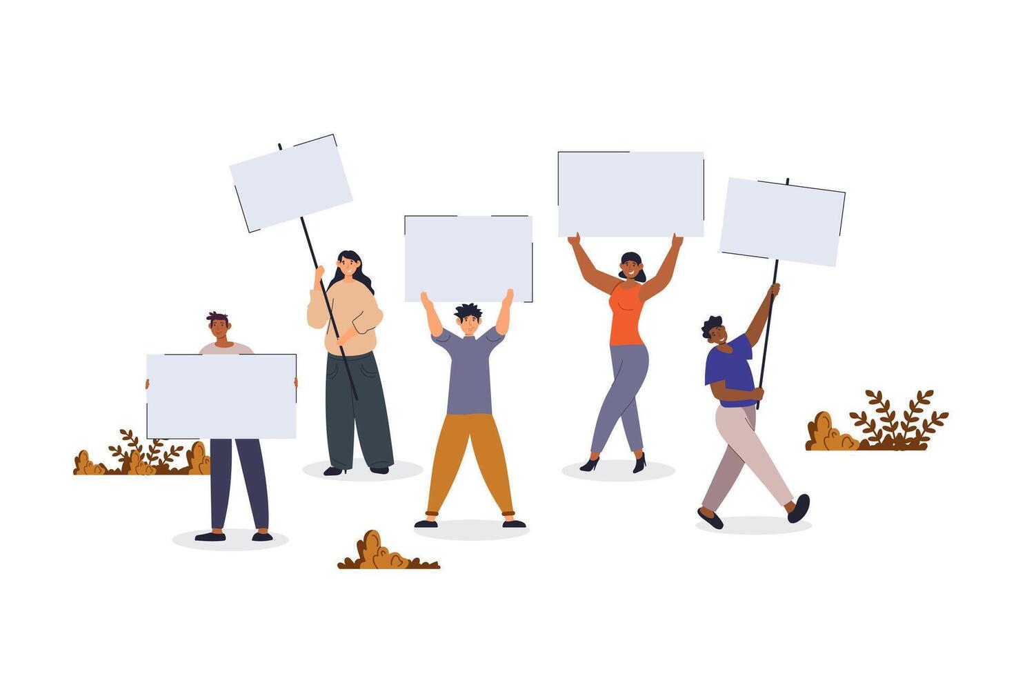 People holding blank empty banners concept with character scene for web. Women and men standing with message placards at meeting situation in flat design. Vector illustration for marketing material.